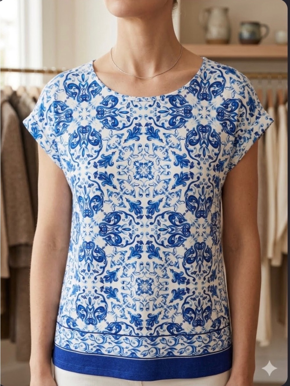 House of CB Blue and White Paisley-Print Short Sleeve Top